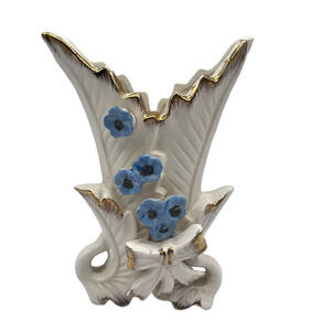 Vintage Sonsco Delicate Blue Flowers Ceramic Vase w/ White Bow & Gold Accents